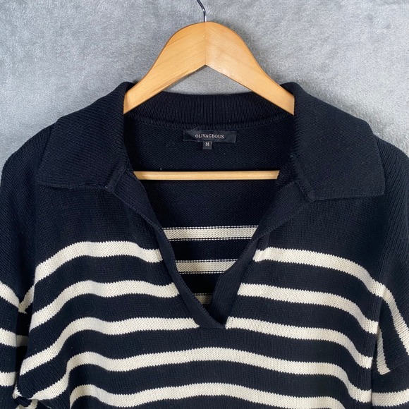 OLIVACEOUS Breton Striped Collared Cropped Sweater Women Medium Preppy Parisian - Picture 4 of 8